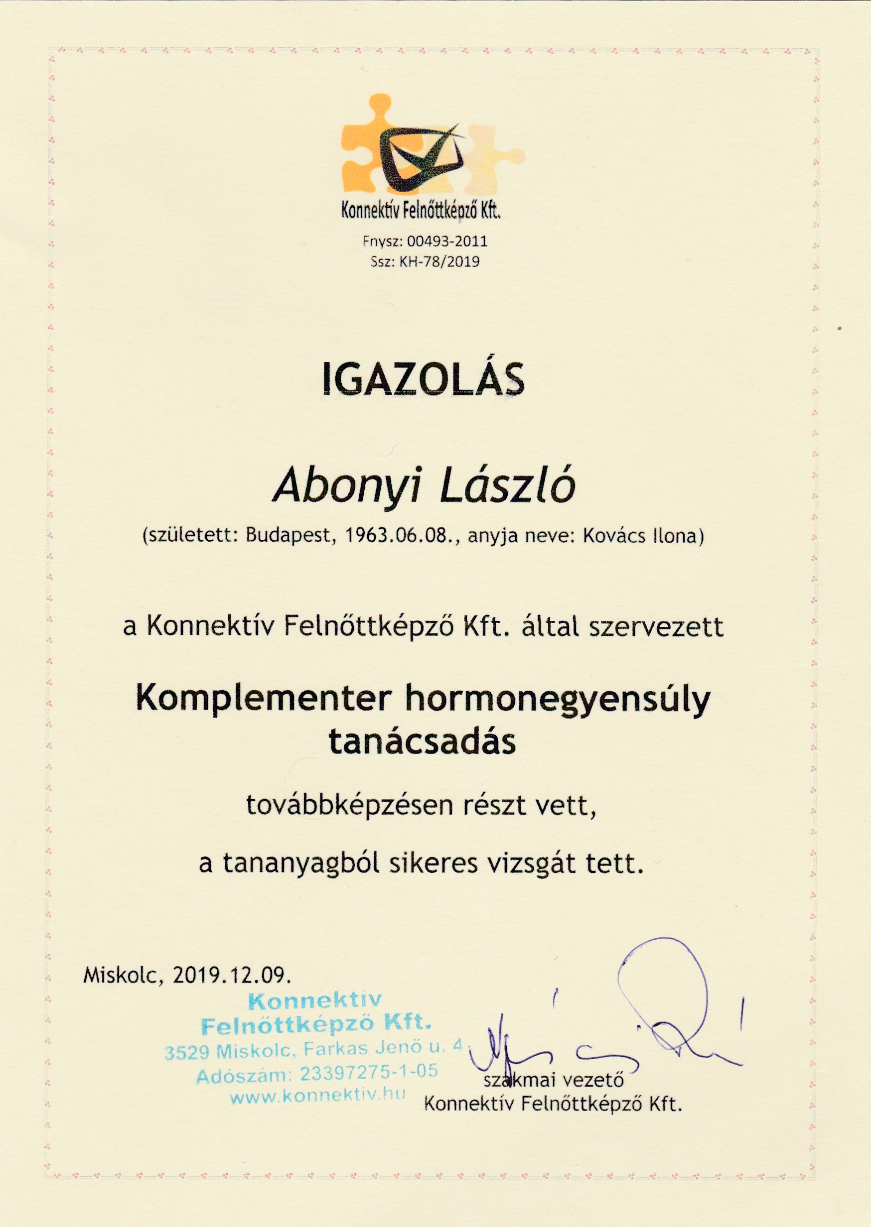 Abonyi László Masszőr (Oklevél) CosmeticAll