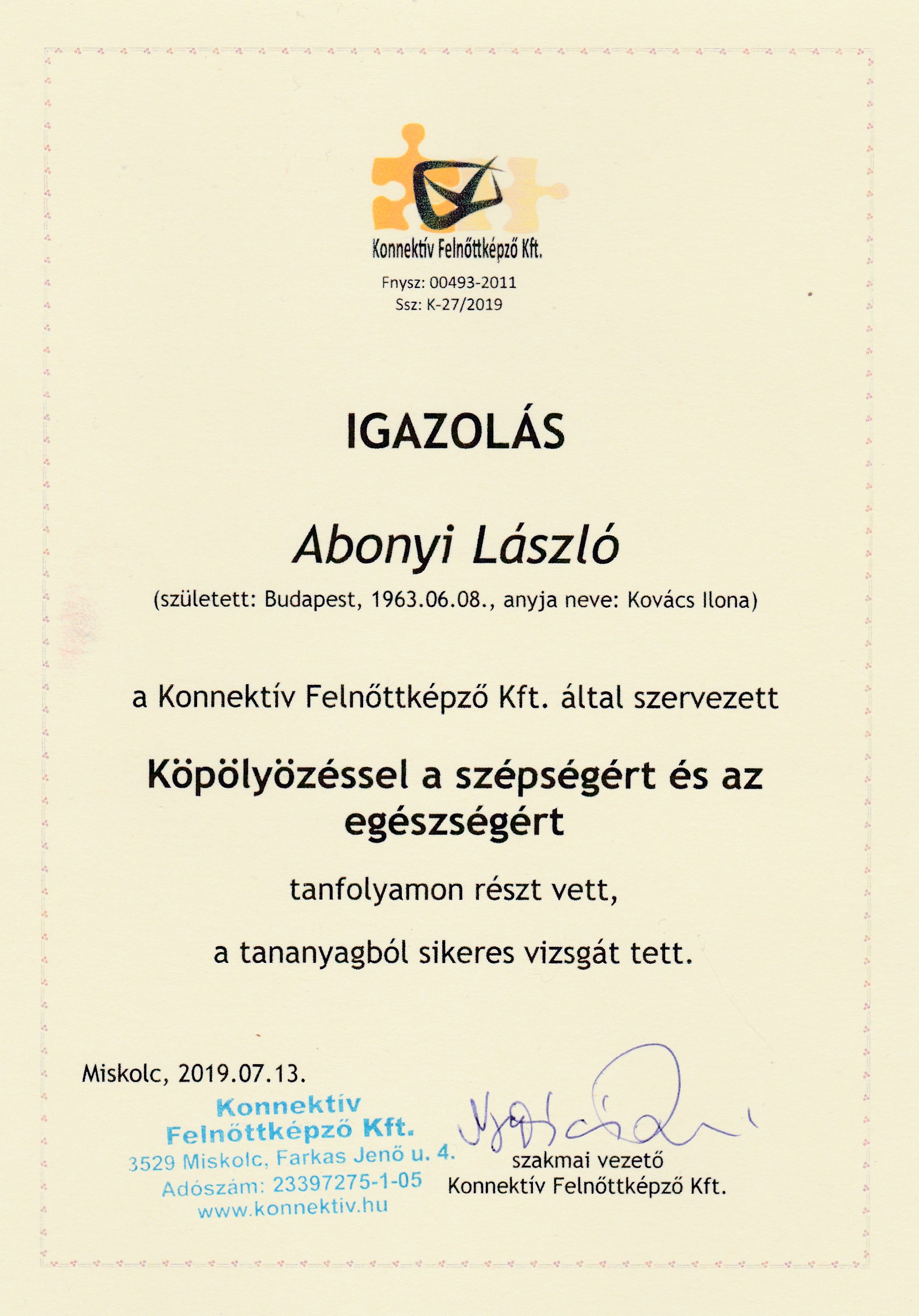 Abonyi László Masszőr (Oklevél) CosmeticAll