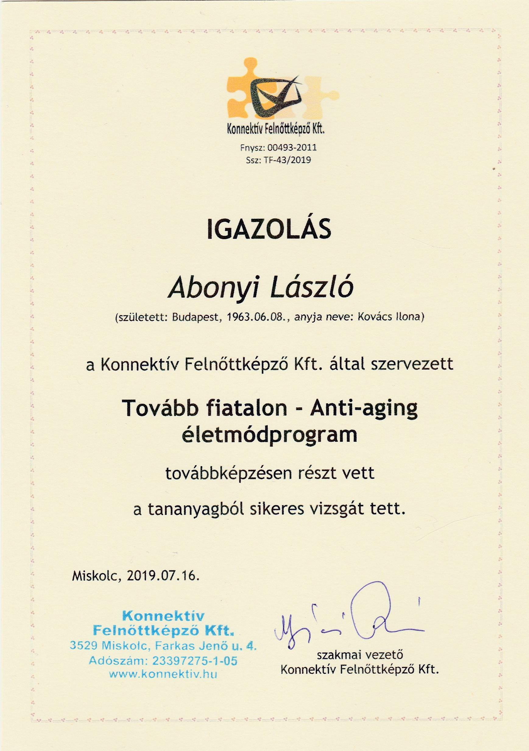 Abonyi László Masszőr (Oklevél) CosmeticAll